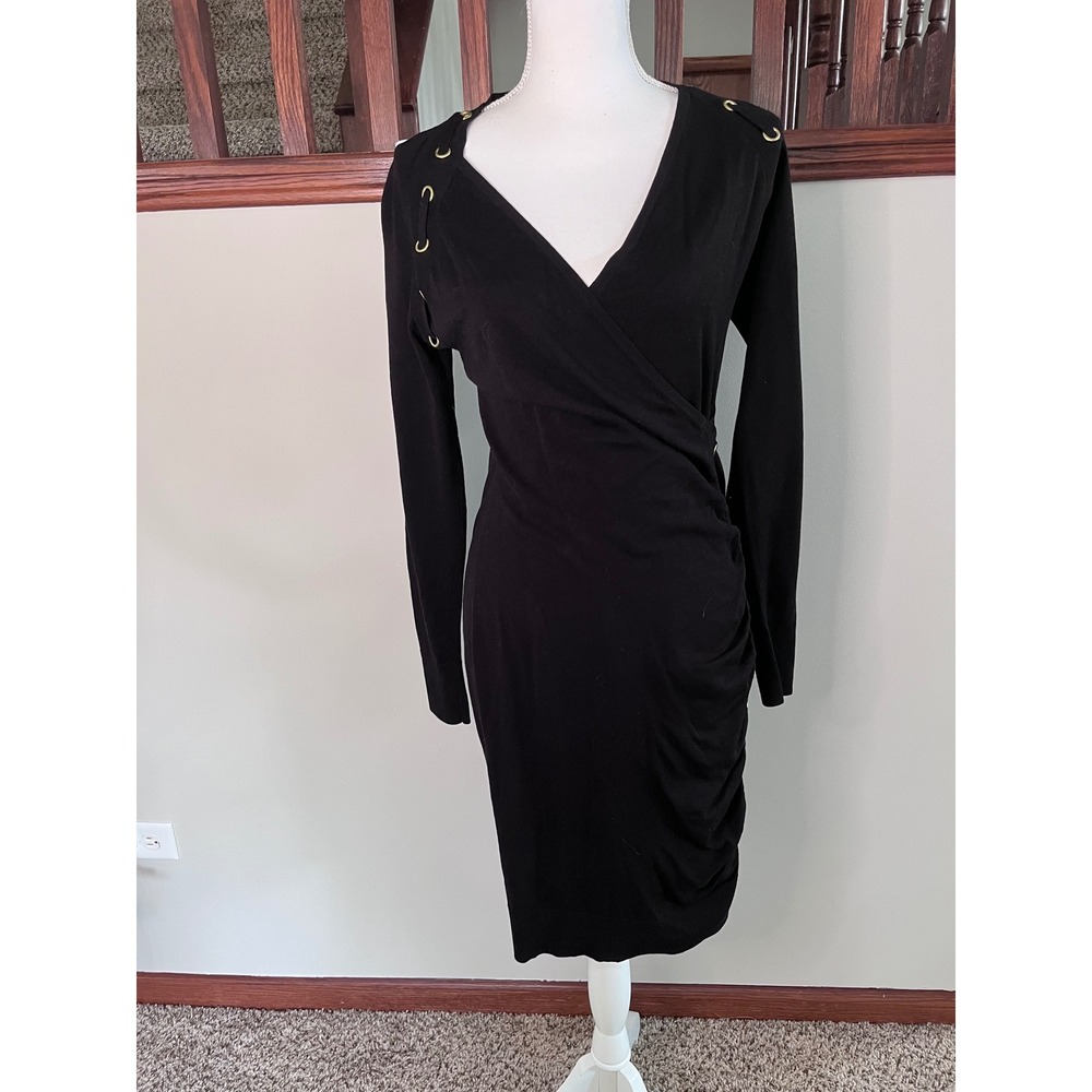 Cache Black Knit Wrap Dress Grommet Detail Long Sleeve Ruched Gold Hardware‎ M